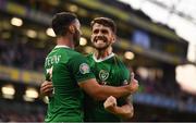 10 June 2019; Robbie Brady, right, celebrates with his Republic of Ireland team-mate Enda Stevens after scoring his side's second goal during the UEFA EURO2020 Qualifier Group D match between Republic of Ireland and Gibraltar at Aviva Stadium, Lansdowne Road in Dublin. Photo by Stephen McCarthy/Sportsfile