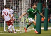 10 June 2019; Robbie Brady of Republic of Ireland celebrates after scoring his side's second goal during the UEFA EURO2020 Qualifier Group D match between Republic of Ireland and Gibraltar at Aviva Stadium, Lansdowne Road in Dublin. Photo by Stephen McCarthy/Sportsfile