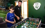 12 June 2019; EURO 2020 Ambassador Robbie Keane plays table football with Keelan Hudson, aged 12, from Longford during the EURO 2020 Ambassador Robbie Keane's visit to Children's Health Ireland at Crumlin in Dublin. Photo by Harry Murphy/Sportsfile