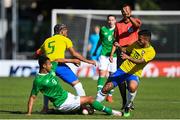 12 June 2019; Adam Idah of Ireland in action against Douglas Luiz and Matheus Henrique of Brazil during the 2019 Maurice Revello Toulon Tournament Semi-Final match between  Brazil and Republic of Ireland at Stade De Lattre in Aubagne, France. Photo by Alexandre Dimou/Sportsfile