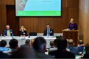 13 June 2019; Olympic Federation of Ireland President Sarah Keane speaking during the Olympic Federation of Ireland's AGM at The National Sports Campus Conference Centre in Abbotstown, Dublin. The Olympic Federation of Ireland’s AGM 2018 was held in the conference centre on the National Sports Campus on the 13 June 2019. At the AGM a number of announcements were made including details of the successful recipients of the €250,000 Discretionary Funds, and Olympic Solidarity Funds. Photo by Sam Barnes/Sportsfile
