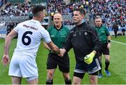 9 June 2019; Referee Conor Lane with team captains Eoin Doyle of Kildare and Stephen Cluxton of Dublin before the Leinster GAA Football Senior Championship Semi-Final match between Dublin and Kildare at Croke Park in Dublin. Photo by Piaras Ó Mídheach/Sportsfile