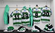 14 June 2019; Shamrock Rovers players' jerseys, from left, Sean Kavanagh, Jack Byrne, Ronan Finn and Trevor Clarke hang in the dressing room prior to the SSE Airtricity League Premier Division match between Bohemians and Shamrock Rovers at Dalymount Park in Dublin. Photo by Seb Daly/Sportsfile