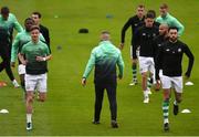 14 June 2019; Ronan Finn, left, and Roberto Lopes of Shamrock Rovers lead their side's warm-up prior to the SSE Airtricity League Premier Division match between Bohemians and Shamrock Rovers at Dalymount Park in Dublin. Photo by Ben McShane/Sportsfile