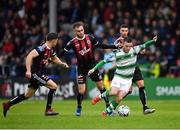 14 June 2019; Jack Byrne of Shamrock Rovers in action against Keith Buckley, left and Luke Wade-Slater of Bohemians during the SSE Airtricity League Premier Division match between Bohemians and Shamrock Rovers at Dalymount Park in Dublin. Photo by Seb Daly/Sportsfile