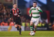14 June 2019; Jack Byrne of Shamrock Rovers in action against Keith Ward of Bohemians during the SSE Airtricity League Premier Division match between Bohemians and Shamrock Rovers at Dalymount Park in Dublin. Photo by Ben McShane/Sportsfile