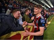 14 June 2019; Ryan Swan of Bohemians celebrates with supporters following his side's victory after the SSE Airtricity League Premier Division match between Bohemians and Shamrock Rovers at Dalymount Park in Dublin. Photo by Seb Daly/Sportsfile