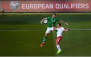 10 June 2019; Shane Duffy of Republic of Ireland in action against Lee Casciaro of Gibraltar during the UEFA EURO2020 Qualifier Group D match between Republic of Ireland and Gibraltar at the Aviva Stadium, Lansdowne Road in Dublin. Photo by Eóin Noonan/Sportsfile