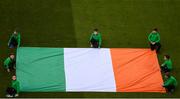 10 June 2019; Republic of Ireland flagbearers during the UEFA EURO2020 Qualifier Group D match between Republic of Ireland and Gibraltar at the Aviva Stadium, Lansdowne Road in Dublin. Photo by Eóin Noonan/Sportsfile