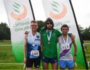 15 June 2019; First placed Michael Clohisey of Raheny Shamrock A.C., Co. Dublin, centre, second placed Colin Maher of Ballyfin A.C., Co. Laois, left, and third placed Emmet Jennings of Dundrum South Dublin A.C., Co. Dublin, right, following the Irish Runner 5 Mile in conjunction with the AAI National 5 Mile Championships at the Phoenix Park in Dublin. Photo by Harry Murphy/Sportsfile