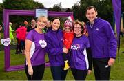 15 June 2019; Vhi ambassador and Olympian David Gillick is pictured with Vhi staff, from left, Deborah Brannelly, Niamh Walker, with daughter Lucy, age 2, and Enda Leonard, at the Griffeen parkrun where Vhi hosted a special Roadshow event to celebrate their partnership with parkrun Ireland. David was on hand to lead the warm up for parkrun participants before completing the 5km free event. Parkrunners enjoyed refreshments post event at the Vhi Rehydrate, Relax, Refuel and Reward areas where a physiotherapist took participants through a post event stretching routine. Parkrun in partnership with Vhi support local communities in organising free, weekly, timed 5k runs every Saturday at 9.30am. To register for a parkrun near you visit www.parkrun.ie.  Photo by Seb Daly/Sportsfile