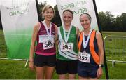 15 June 2019; First placed Sally Forristal of St. Joseph's A.C., Co. Kilkenny, centre, second placed Aine O'Reilly of Mullingar Harriers A.C., Co. Westmeath, left, and third placed Catherine O'Connor of Sli Cualann A.C., Co. Wicklow, right, following the Irish Runner 5 Mile in conjunction with the AAI National 5 Mile Championships at the Phoenix Park in Dublin. Photo by Harry Murphy/Sportsfile