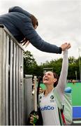 15 June 2019; Roisin Upton of Ireland celebrates with a supporter after the FIH World Hockey Series semi-finals match between Ireland and Czech Republic at Banbridge Hockey Club in Banbridge, Down. Photo by Eóin Noonan/Sportsfile
