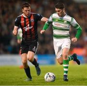 14 June 2019; Dylan Watts of Shamrock Rovers and Scott Allardice of Bohemians during the SSE Airtricity League Premier Division match between Bohemians and Shamrock Rovers at Dalymount Park in Dublin. Photo by Ben McShane/Sportsfile