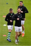 14 June 2019; Shamrock Rovers players, from front, Greg Bolger, Jack Byrne and Aaron Greene warm-up prior to the SSE Airtricity League Premier Division match between Bohemians and Shamrock Rovers at Dalymount Park in Dublin. Photo by Ben McShane/Sportsfile