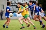 15 June 2019; Katy Herron of Donegal  in action against Joanne Moore of Cavan during the TG4 Ladies Football Ulster Senior Football Championship semi-final match between Cavan and Donegal at Killyclogher in Tyrone. Photo by Oliver McVeigh/Sportsfile