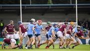 15 June 2019; Galway's Adrian Tuohy, far right, comes away with possession during the Leinster GAA Hurling Senior Championship Round 5 match between Dublin and Galway at Parnell Park in Dublin. Photo by Ramsey Cardy/Sportsfile