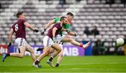 16 June 2019; Tomás Fahey of Mayo shoots at goal under pressure from Eddie O'Sullivan of Galway during the Connacht GAA Football Junior Championship Final match between Galway and Mayo at Pearse Stadium in Galway. Photo by Ramsey Cardy/Sportsfile