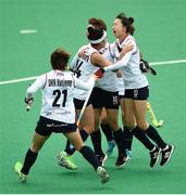 16 June 2019; Kim Hyunji of Korea, right, celebrates with her team-mates after scoring her side's first goal during the FIH World Hockey Series Final match between Ireland and Korea at Banbridge Hockey Club in Banbridge, Down. Photo by Oliver McVeigh/Sportsfile