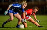 16 June 2019; Máiréad Wall of Waterford in action against Libby Coppinger of Cork during the TG4 Ladies Football Munster Senior Football Championship Final match between Cork and Waterford at Fraher Field in Dungarvan, Co. Waterford. Photo by Harry Murphy/Sportsfile