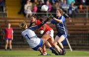 16 June 2019; Ciara O'Sullivan of Cork in action against Karen McGrath and Rosie Landers of Waterford during the TG4 Ladies Football Munster Senior Football Championship Final match between Cork and Waterford at Fraher Field in Dungarvan, Co. Waterford. Photo by Harry Murphy/Sportsfile