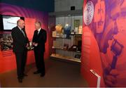 17 June 2019; Uachtarán Chumann Lúthcleas Gael John Horan, left, speaking with former RTÉ gaelic games commentator Michéal O Muircheartaigh at the opening of the new exhibition in the GAA Museum 'Tuning In – From Wireless to WiFi' at Croke Park in Dublin. Photo by Eóin Noonan/Sportsfile