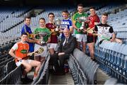 19 June 2019; Uachtarán Chumann Lúthchleas Gael John Horan with, from left, Dean Gaffney of Armagh, Edmond Kenny of Lancashire, Declan Molloy of Leitrim, Aonghus Clarke of Westmeath, Paddy Purcell of Laois, Sean Geraghty of Meath, Caolan Taggart of Down, and James Weir of Sligo during a Joe McDonagh Cup, Christy Ring, Nicky Rackard & Lory Meagher Cup Final media event at Croke Park in Dublin. Photo by Matt Browne/Sportsfile