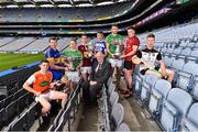 19 June 2019; Uachtarán Chumann Lúthchleas Gael John Horan with, from left, Dean Gaffney of Armagh, Edmond Kenny of Lancashire, Declan Molloy of Leitrim, Aonghus Clarke of Westmeath, Paddy Purcell of Laois, Sean Geraghty of Meath, Caolan Taggart of Down, and James Weir of Sligo during a Joe McDonagh Cup, Christy Ring, Nicky Rackard & Lory Meagher Cup Final media event at Croke Park in Dublin. Photo by Matt Browne/Sportsfile