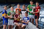 19 June 2019; Joe McDonagh Cup finalists, centre, Aonghus Clarke of Westmeath and Paddy Purcell of Laois, with, from left, Lory Meagher Cup finalist Edmond Kenny of Lancashire, Declan Molloy of Leitrim, Nicky Rackard Cup finalists Dean Gaffney of Armagh, James Weir of Sligo, and Christy Ring Cup finalists Sean Geraghty of Meath, Caolan Taggart of Down, during a Joe McDonagh Cup, Christy Ring, Nicky Rackard & Lory Meagher Cup Final media event at Croke Park in Dublin. Photo by Matt Browne/Sportsfile