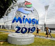 20 June 2019; A general view of the logo at the entrance to the Dinamo Stadium prior to the Minsk 2019 2nd European Games in Minsk, Belarus. Photo by Seb Daly/Sportsfile