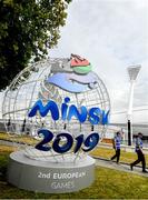20 June 2019; A general view of the logo at the entrance to the Dinamo Stadium prior to the Minsk 2019 2nd European Games in Minsk, Belarus. Photo by Seb Daly/Sportsfile