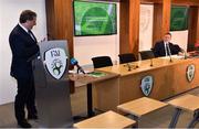 21 June 2019; FAI President Donal Conway, right, listens on as Governance Review Group Chairperson Aidan Horans speaks during the Launch of Governance Review Group report at the Football Association of Ireland, National Sports Campus in Abbotstown, Dublin. Photo by Sam Barnes/Sportsfile