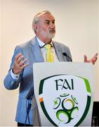 21 June 2019; Sport Ireland Chairperson Kieran Mulvey speaking during the Launch of Governance Review Group report at the Football Association of Ireland, National Sports Campus in Abbotstown, Dublin. Photo by Sam Barnes/Sportsfile