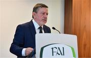 21 June 2019; FAI President Donal Conway speaking during the Launch of Governance Review Group report at the Football Association of Ireland, National Sports Campus in Abbotstown, Dublin. Photo by Sam Barnes/Sportsfile