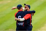 22 June 2019; James Cameron-Dow of Northern Knights, right, celebrates with team-mate Harry Tector after bowling out Boyd Rankin of North West Warriors during the IP20 Cricket Inter-Pros match between North West Warriors and Northern Knight at Pembroke Cricket Club in Dublin. Photo by Harry Murphy/Sportsfile