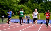 22 June 2019; Athletes, from left, Glory Wenegieme of Colaiste Muire Crosshaven, Co. Cork, Charles Okafor of St Finian’s Mullingar, Co. Westmeath, Oliver Swinney of Dominican Portstewart, Co. Derry, and Toyosi Fagbo of Carrick CS, Co. Leitrim, competing in the Boys 100m event during the Irish Life Health Tailteann Inter-provincial Games at Santry in Dublin. Photo by Sam Barnes/Sportsfile