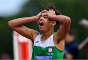 22 June 2019; Jordan Knight of Grennan College, Co. Kilkenny, reacts after finishing second in Boys 400m event during the Irish Life Health Tailteann Inter-provincial Games at Santry in Dublin. Photo by Sam Barnes/Sportsfile