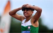 22 June 2019; Jordan Knight of Grennan College, Co. Kilkenny, reacts after finishing second in Boys 400m event during the Irish Life Health Tailteann Inter-provincial Games at Santry in Dublin. Photo by Sam Barnes/Sportsfile