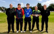 22 June 2019; Captains Gary Wilson of Northern Knights and Andy McBride of North West Warriors with the referee Jean-Louis Laubert and umpires Steve Wood and Alan Neill prior to the IP20 Cricket Inter-Pros match between North West Warriors and Northern Knight at Pembroke Cricket Club in Dublin. Photo by Harry Murphy/Sportsfile