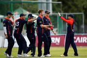 22 June 2019; James McColum of Northern Knights, right, celebrates catching Aaron Gillespie of North West Warriors during the IP20 Cricket Inter-Pros match between North West Warriors and Northern Knight at Pembroke Cricket Club in Dublin. Photo by Harry Murphy/Sportsfile