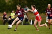 22 June 2019; Emer Fogarty of Westmeath in action against Sarah Casey  of Derry  during the Ladies Football All-Ireland U14 Bronze Final 2019 match between Derry and Westmeath at St Aidan's GAA Club in Templeport, Cavan. Photo by Ray McManus/Sportsfile