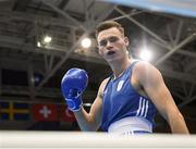 22 June 2019; Michael Nevin of Ireland celebrates following his victory over Mark Dickinson of Great Britain during their Men’s Middleweight preliminary round bout at Uruchie Sports Palace on Day 2 of the Minsk 2019 2nd European Games in Minsk, Belarus. Photo by Seb Daly/Sportsfile