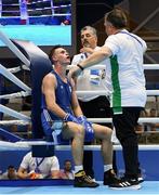 22 June 2019; Michael Nevin of Ireland with coaches John Conlan and Zaur Antia during his Men’s Middleweight preliminary round bout against Mark Dickinson of Great Britain at Uruchie Sports Palace on Day 2 of the Minsk 2019 2nd European Games in Minsk, Belarus. Photo by Seb Daly/Sportsfile