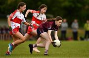 22 June 2019; Emma Tumelty of Westmeath in action against Caoimhe Dillon and Sarah Casey of Derry  during the Ladies Football All-Ireland U14 Bronze Final 2019 match between Derry and Westmeath at St Aidan's GAA Club in Templeport, Cavan. Photo by Ray McManus/Sportsfile