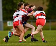 22 June 2019; Emma Tumelty of Westmeath in action against Niamh McGlinchey, Caoimhe Dillon and Sarah Casey of Derry during the Ladies Football All-Ireland U14 Bronze Final 2019 match between Derry and Westmeath at St Aidan's GAA Club in Templeport, Cavan. Photo by Ray McManus/Sportsfile