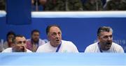 22 June 2019; Team Ireland coach Zaur Antia, centre, with Dmitry Dimitruc, left, and John Conlan, right, during the Men’s Middleweight preliminary round bout between Michael Nevin of Ireland and Mark Dickinson of Great Britain at Uruchie Sports Palace on Day 2 of the Minsk 2019 2nd European Games in Minsk, Belarus. Photo by Seb Daly/Sportsfile