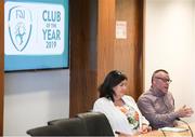 22 June 2019; Francis Smith, FAI Women's Committee, and Karl Mitchel, Dublin City Council, speaking to club delegates during the FAI Club of the Year Information Day at FAI National Training Centre in Abbotstown, Dublin. Photo by Eóin Noonan/Sportsfile