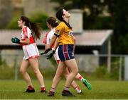 22 June 2019; The Westmeath goalkeeper Ellie Temple reacts after conceding a goal to Derry during the Ladies Football All-Ireland U14 Bronze Final 2019 match between Derry and Westmeath at St Aidan's GAA Club in Templeport, Cavan. Photo by Ray McManus/Sportsfile