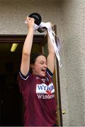 22 June 2019; Kelly Burke of Westmeath lifts the cup after the Ladies Football All-Ireland U14 Bronze Final 2019 match between Derry and Westmeath at St Aidan's GAA Club in Templeport, Cavan. Photo by Ray McManus/Sportsfile