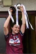 22 June 2019; Kelly Burke of Westmeath lifts the cup after the Ladies Football All-Ireland U14 Bronze Final 2019 match between Derry and Westmeath at St Aidan's GAA Club in Templeport, Cavan. Photo by Ray McManus/Sportsfile